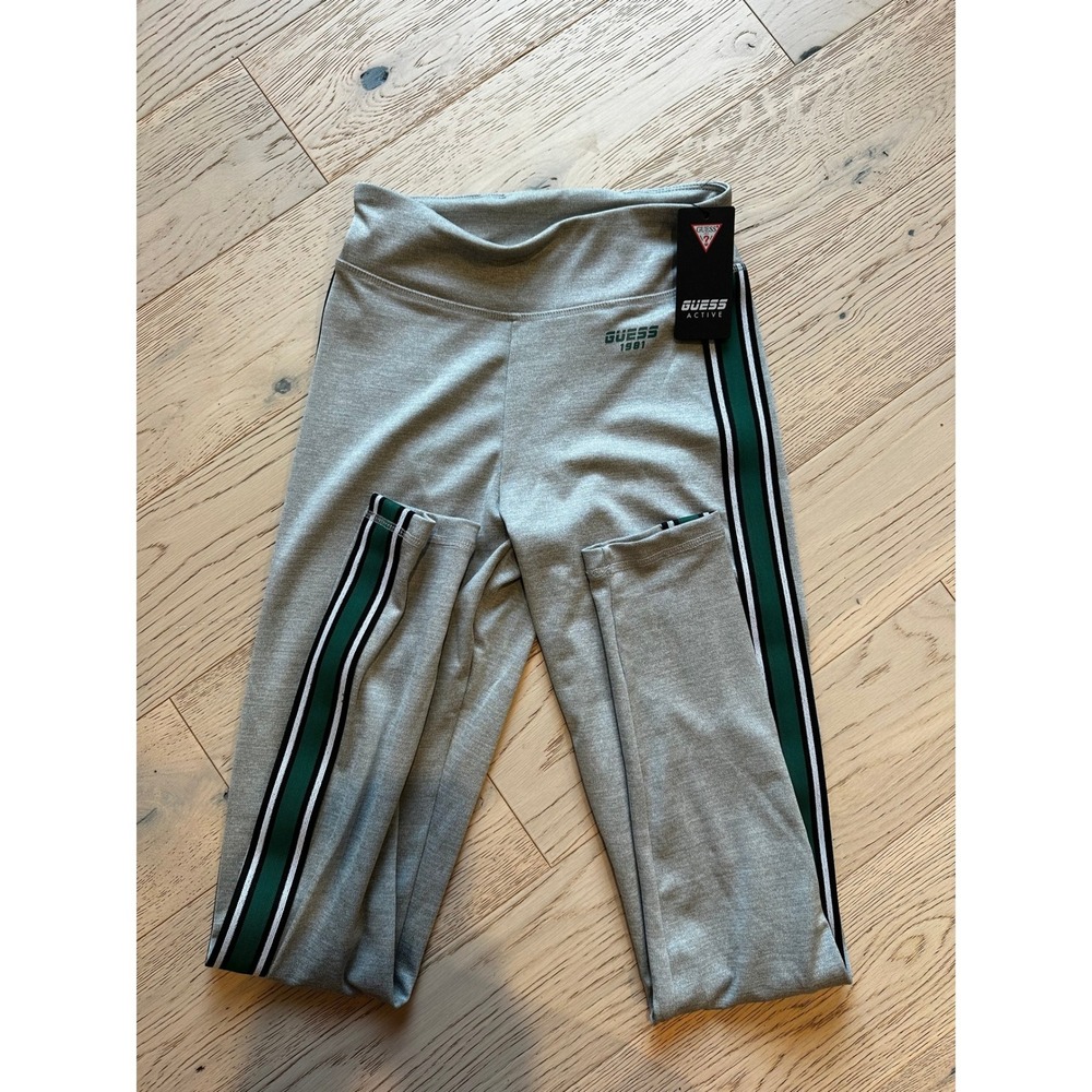 NWT Guess Active Heather Gray Leggings Green Side Stripe High Waist XS NWT
